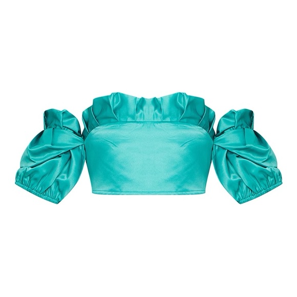 Teal Satin Frill Top Edge Puff Sleeve Crop Top (PrettyLittleThing) - US2 / UK 6 - Picture 5 of 6